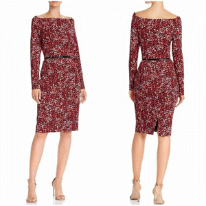 Black Halo Leopard Print Long Sleeve Belted Sheath Dress in Black & Pink